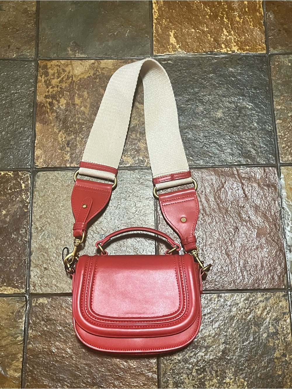 Zara Red Leather Crossbody with Wide Cream Strap